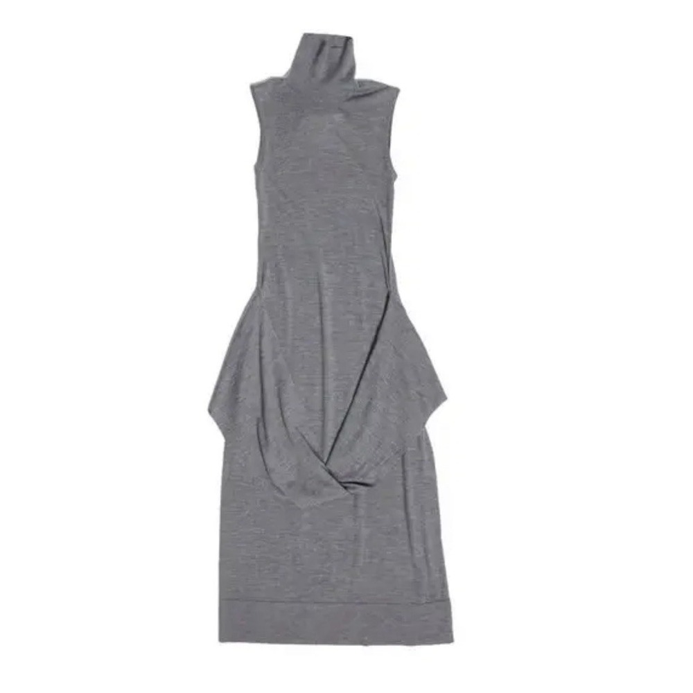 TOTEME Draped Knit Dress Grey Melange Merino Wool Silk Mock Neck Sleeveless Maxi